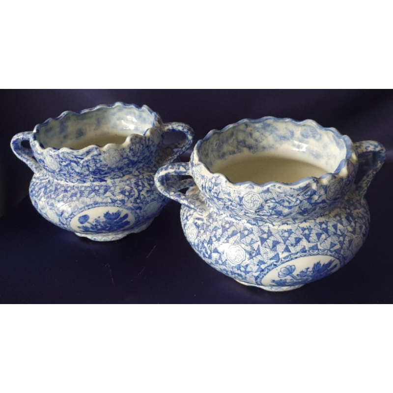 Blauw witte plantenpotten, gemerkt